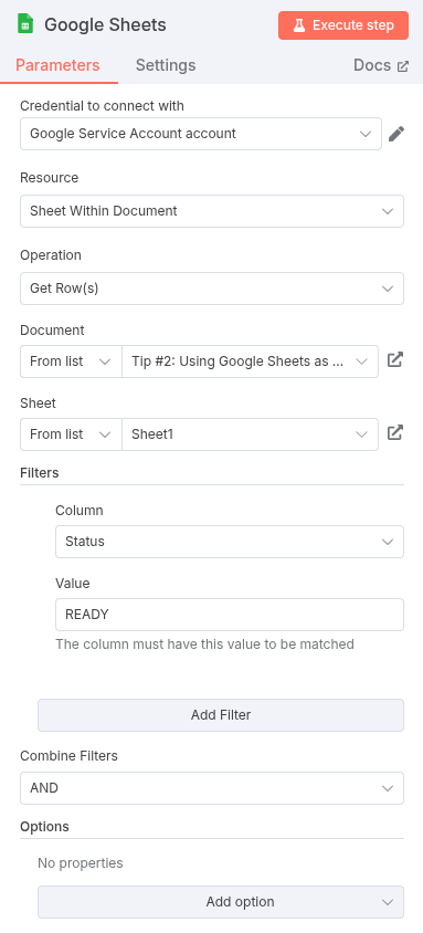 A screenshot of the n8n workflow with the Google Sheets node configured to read rows, filtered by Status equals READY.