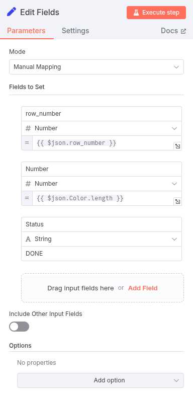 A screenshot of the n8n Set nodeโs configuration, showing the expression to get the row_number and the expression to calculate the length of the Color string, along with the Status value being set to DONE.