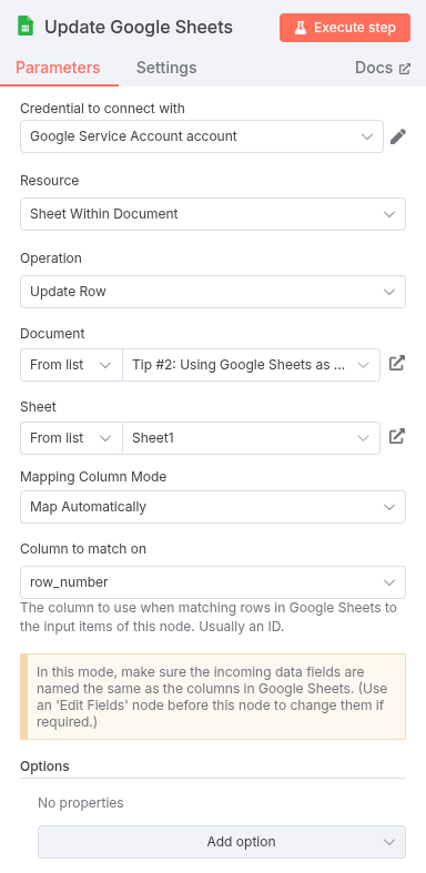 A screenshot of the second Google Sheets nodeโs update configuration, highlighting how it uses row_number to match and update the correct row.