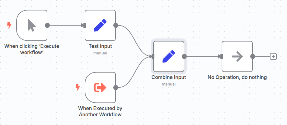 A screenshot of the n8n canvas showing two ‘Edit Fields (Set)’ nodes. The first is connected to the ‘Manual Trigger’ node, and the second is connected to both the first ‘Edit Fields (Set)’ node and the ‘Execute Sub-workflow Trigger’ node.
