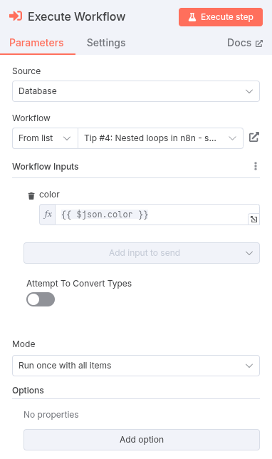 A screenshot of the Execute Sub-workflow node’s parameters, showing how the ‘color’ value from the main workflow is passed to the sub-workflow.