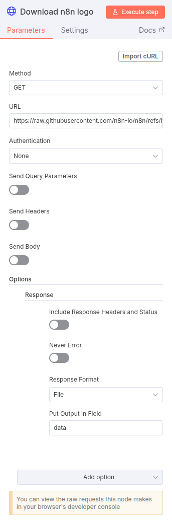 The n8n workflow showing an HTTP Request node configured to download the n8n logo from GitHub.