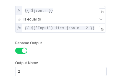 A screenshot of the n8n Switch node configuration. The third rule is highlighted, showing the condition “If n equals initial_n - 2,” which adds the second Fibonacci number to the array.
