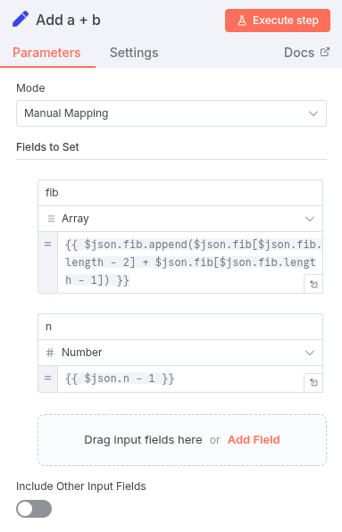 A screenshot of the Set node connected to the fourth Switch rule. The node’s configuration shows a field to append the sum of the last two elements of the “fib” array and a second field to decrement n by one.