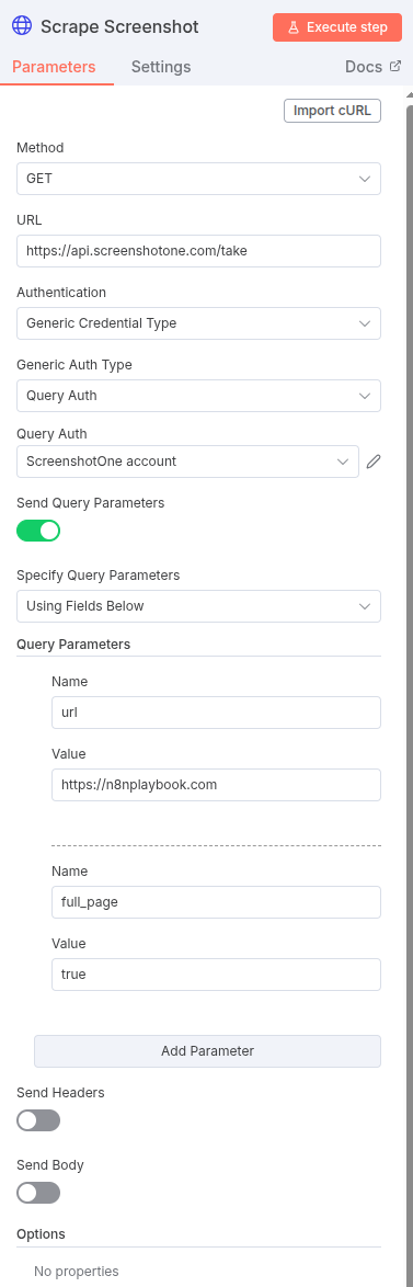 Configuration for an n8n HTTP Request node, showing the ScreenshotOne API endpoint and using query authentication.