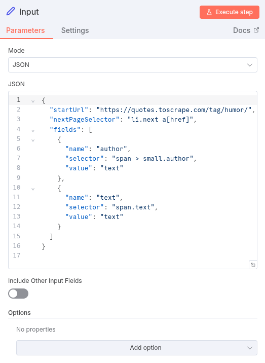 Parameters for the Set Node, defining the initial JSON configuration.
