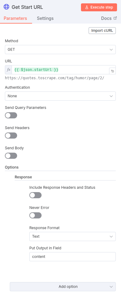 Configuration of the HTTP Request Node using {{ $json.startUrl }} expression.