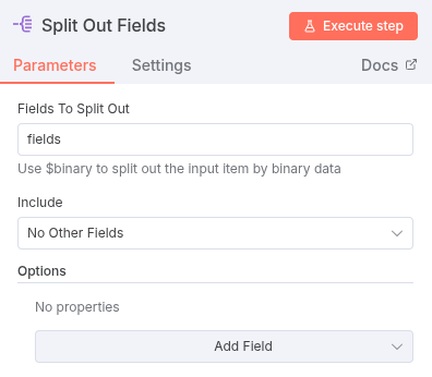 Split Out Node configuration, targeting the ‘fields’ array for separation.
