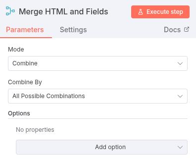 Parameters for the Merge Node set to ‘Combine’ mode for cross-joining data.