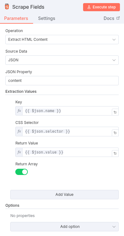 HTML Node configured to extract data using dynamic expressions for selector and attribute.