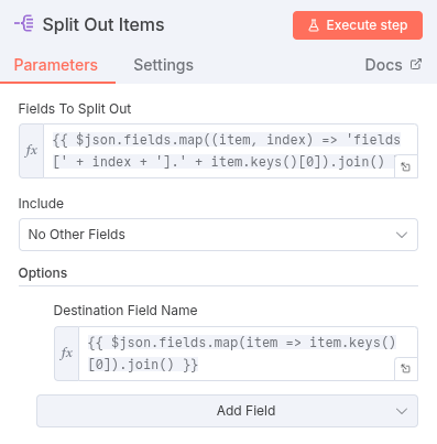 Split Out Node used to finalize the data structure by splitting into individual records.