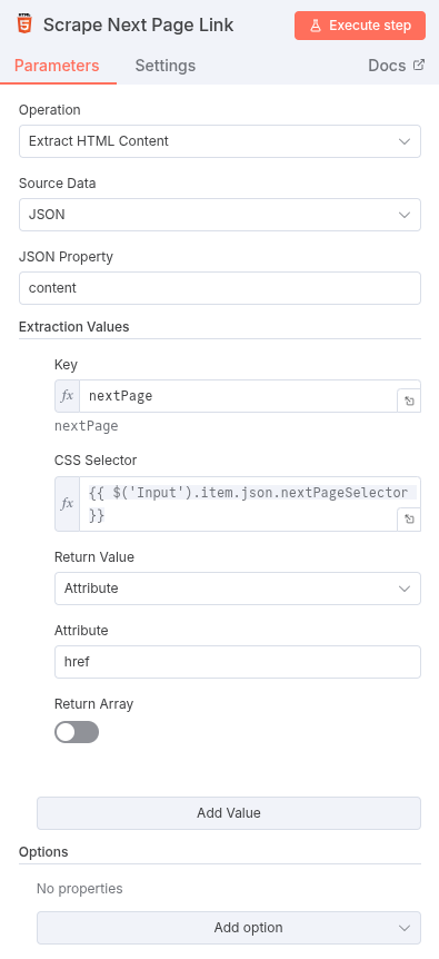 HTML Node configured to extract the next page URL using the nextPageSelector property.