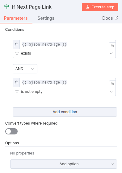 If Node condition checking if the extracted next page link is not empty.