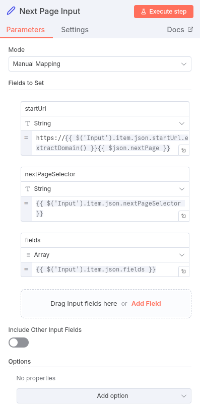 Set Node configured to update the startUrl field with the newly scraped next page link.