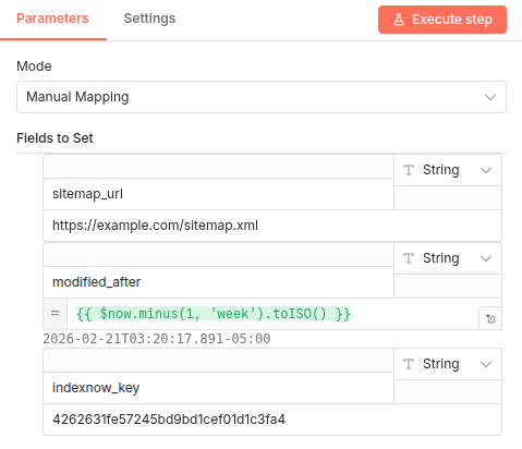 n8n Configuration node setting up sitemap_url, indexnow_key, and modified_after variables.