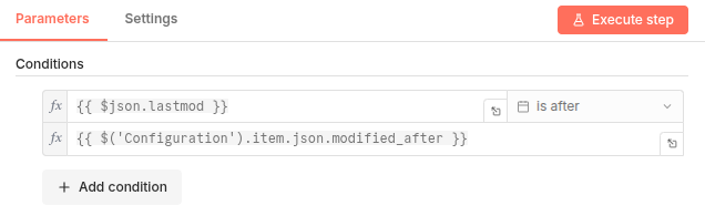 n8n Filter node using JavaScript to compare lastmod date with the current timestamp.