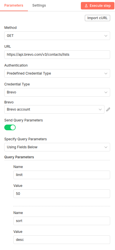 n8n HTTP Request node configuration for fetching all Brevo lists using a GET request.