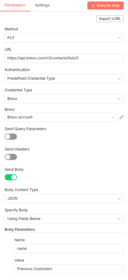 Configuration for updating a Brevo list name using the PUT method.