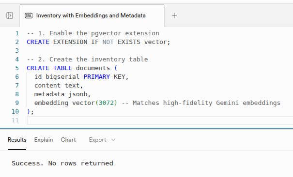 SQL code in Supabase editor defining the vector(3072) column for high-fidelity embeddings.