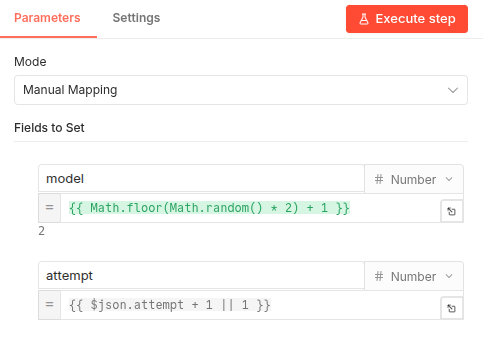 n8n Edit Fields node settings showing the generation of the model index and attempt counter.