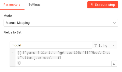 Final n8n node settings showing the expression used to map the model index back to the LLM name.